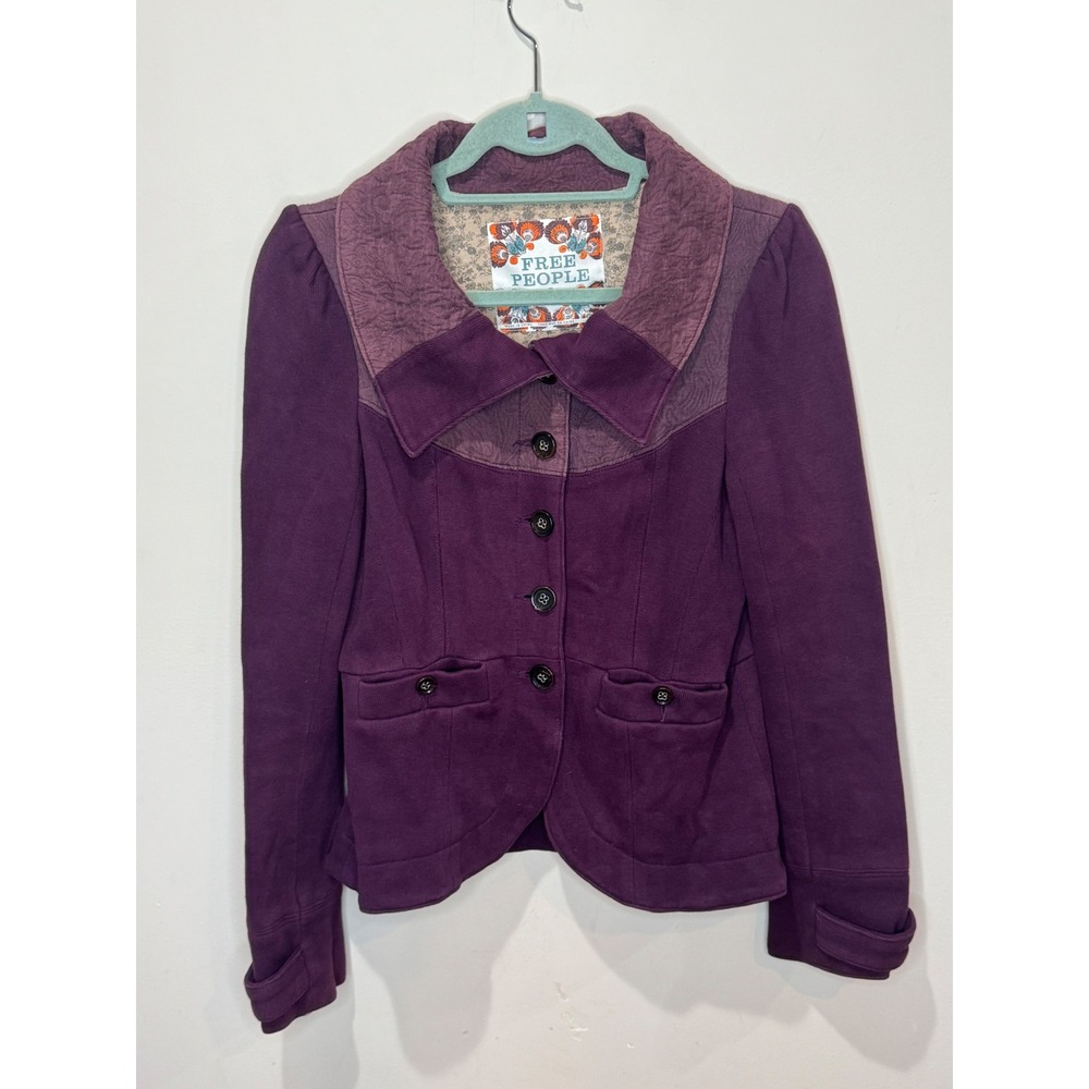 Free‎ People Mulberry Purple Cotton Knit Blazer Jacket Sz 8 Boho Victorian